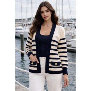 J.Crew Nautical Striped Coastal Cardigan Gold Crest Button Preppy Hamptons Sz M